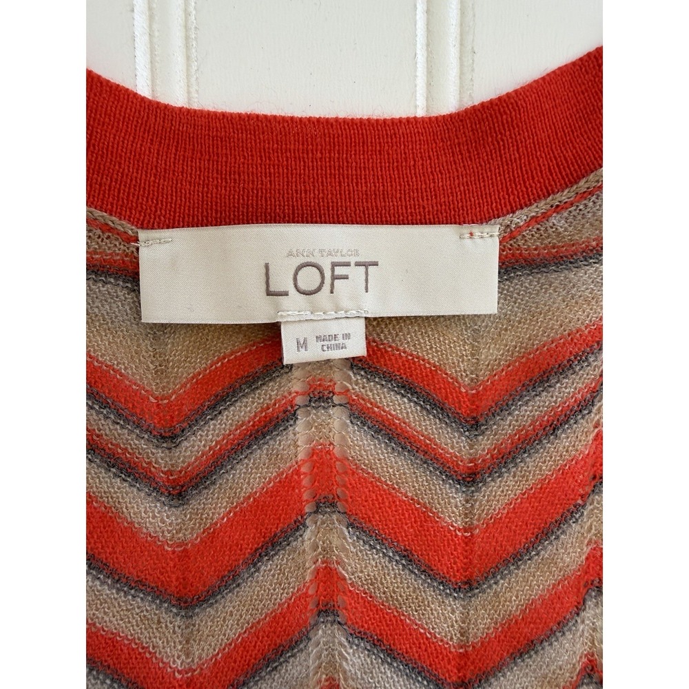 LOFT Womens M Cardigan Chevron Striped Orange Blue V Neck Button Up - Picture 3 of 9